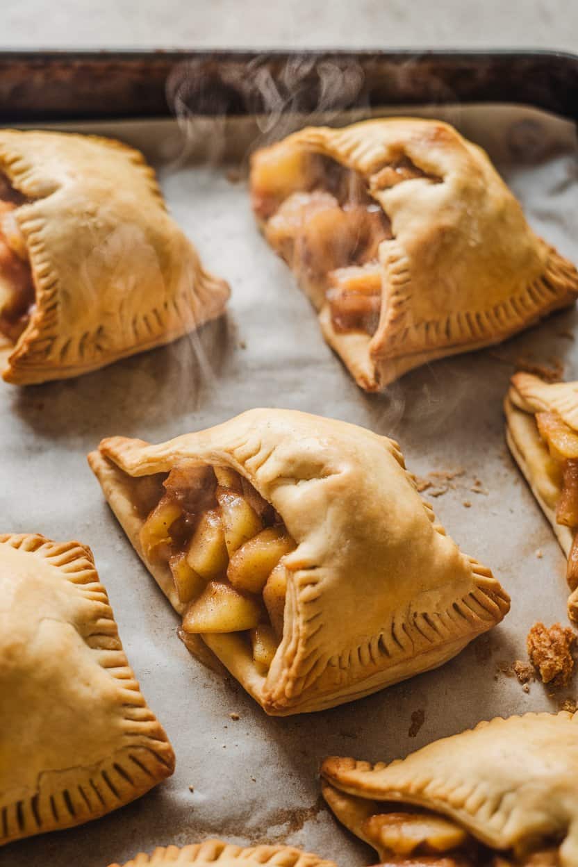Indoor photo of golden apple hand pies on a baking sheet, steam vents visible, no text or logos.