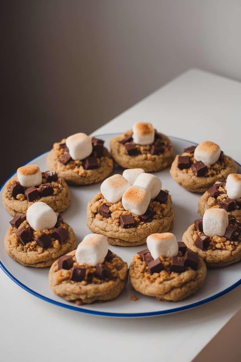 Indoor photo of vegan cookies with chocolate chunks, graham crumbs, and toasted mini marshmallows on top, no text or logos