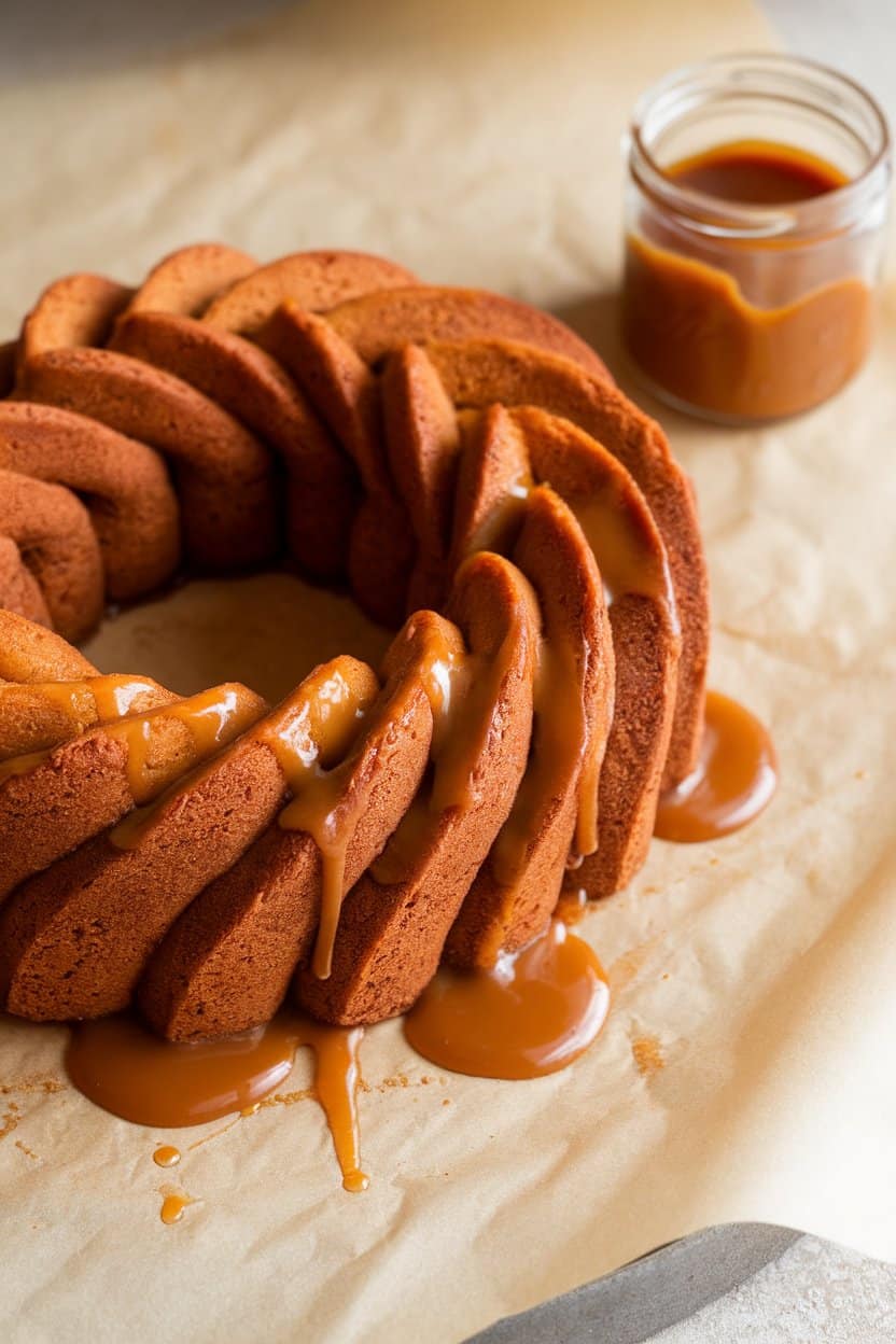 Braided ring cake oozing caramel dulce de leche filling, photographed indoors on parchment with a small jar of caramel nearby. No text or logos.