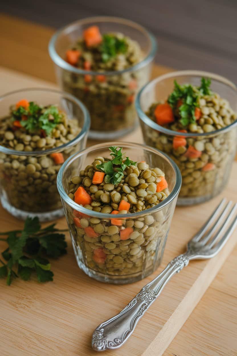 Indoor photo of small glass cups holding green lentil salad with diced carrots and parsley, fork resting beside; no text or logos anywhere.