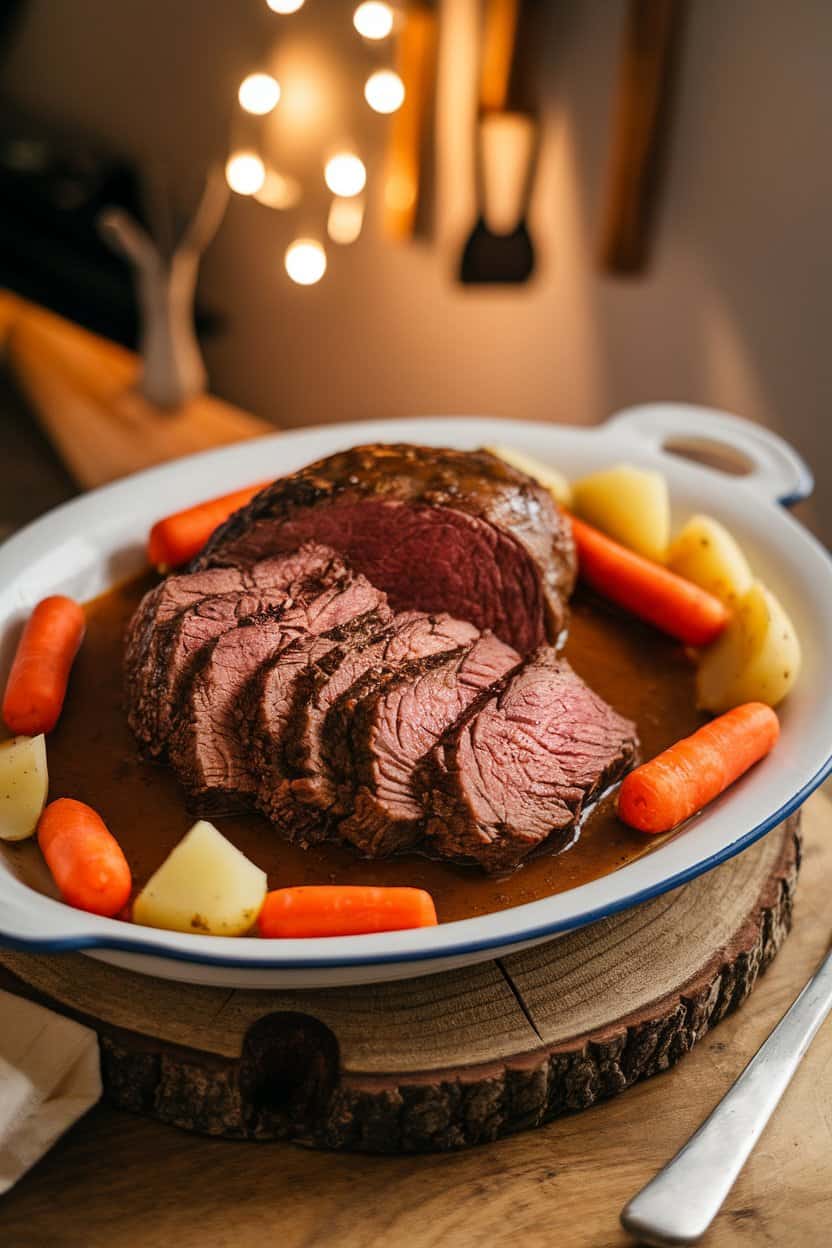 Indoor photo of a white oval platter holding tender sliced beef pot roast surrounded by carrots and potatoes, a rich brown gravy pooled beneath—warm lighting, no text or logos visible