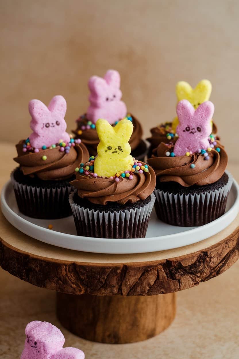 An indoor playful dessert plate with mocha cupcakes, chocolate frosting, and a colorful marshmallow Peep nestled on each. No text or logos.