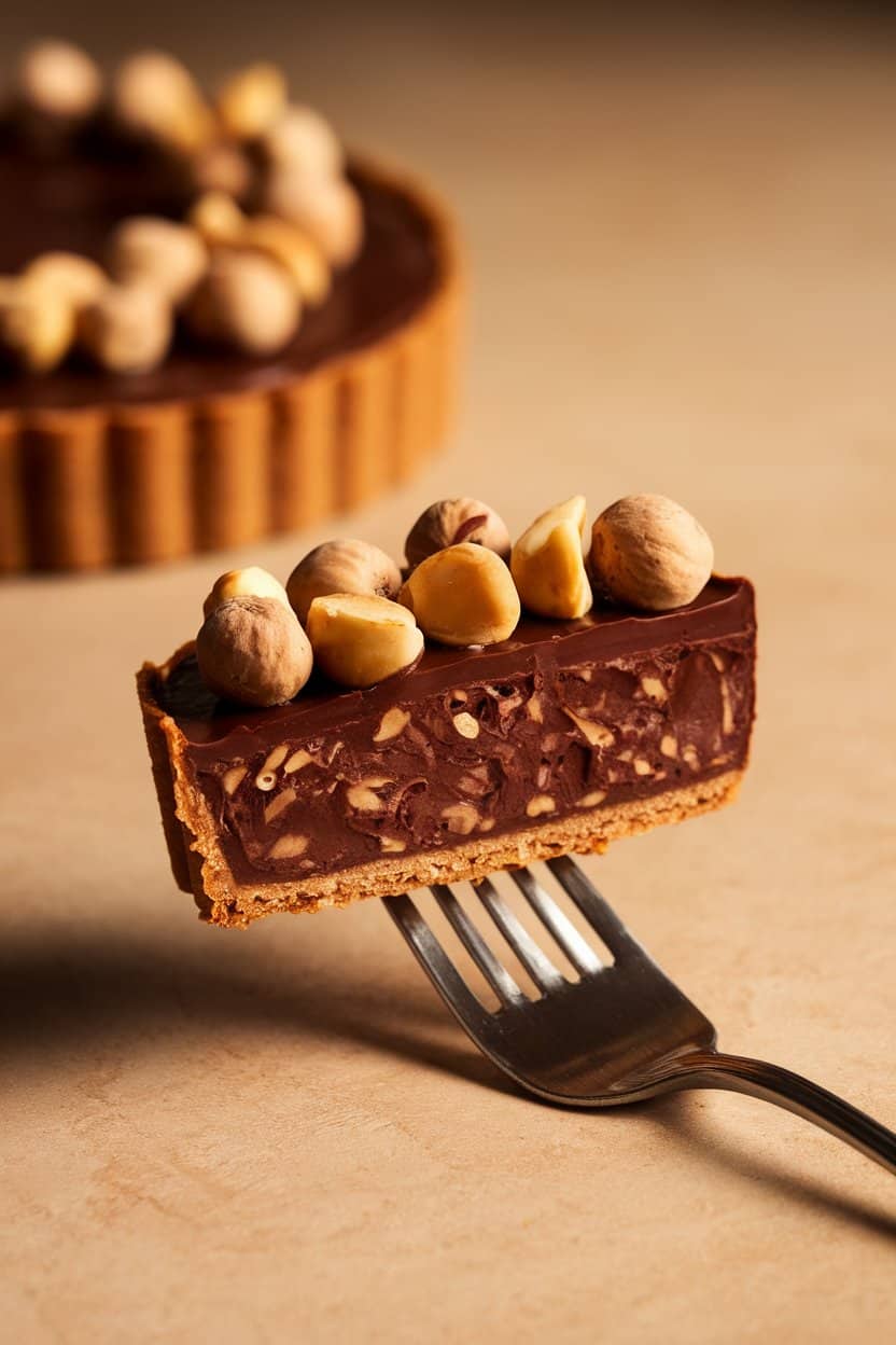 Indoor photo of a narrow slice of glossy chocolate hazelnut tart on a dessert fork, hazelnut pieces sprinkled on top. Refined restaurant-style lighting, no text or logos.