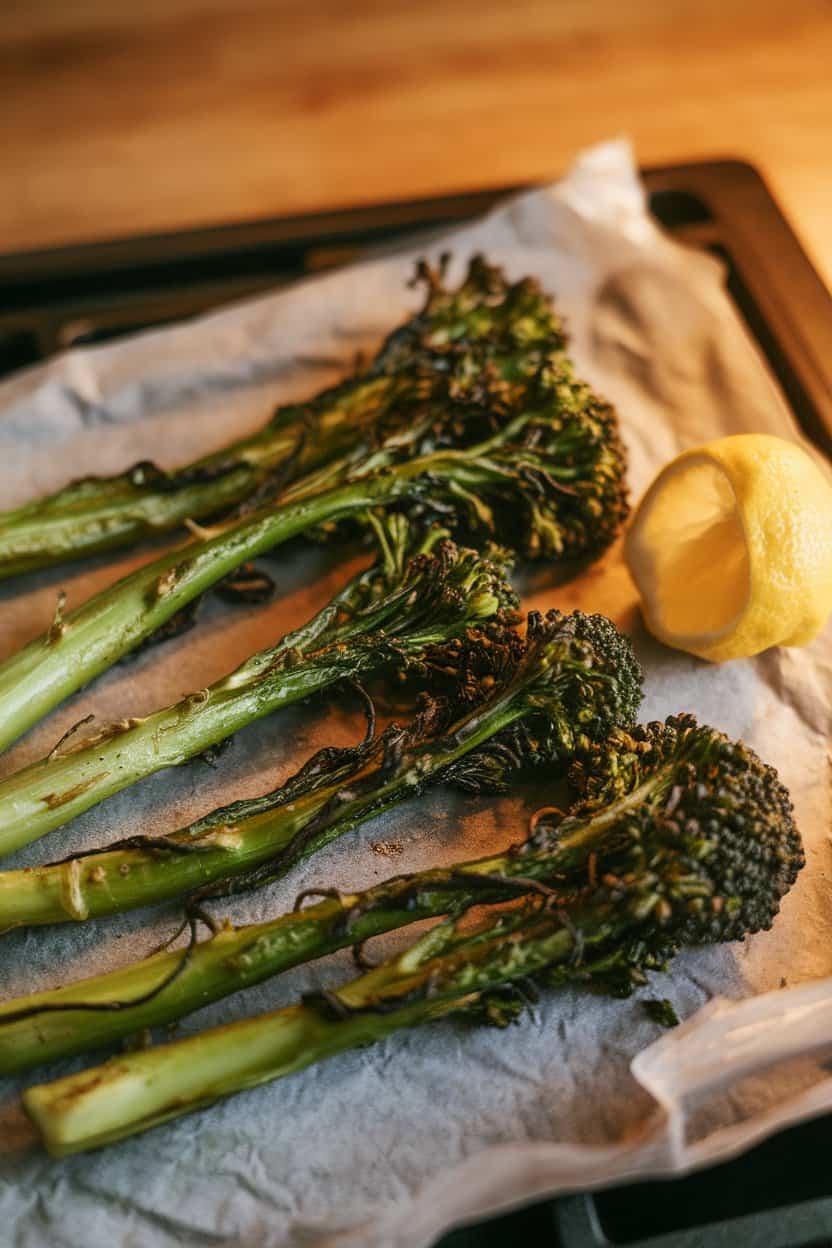 Indoor photo of lightly blackened broccolini florets arranged on parchment, a squeeze of lemon visible beside them; warm stove-top lighting, no text or logos.