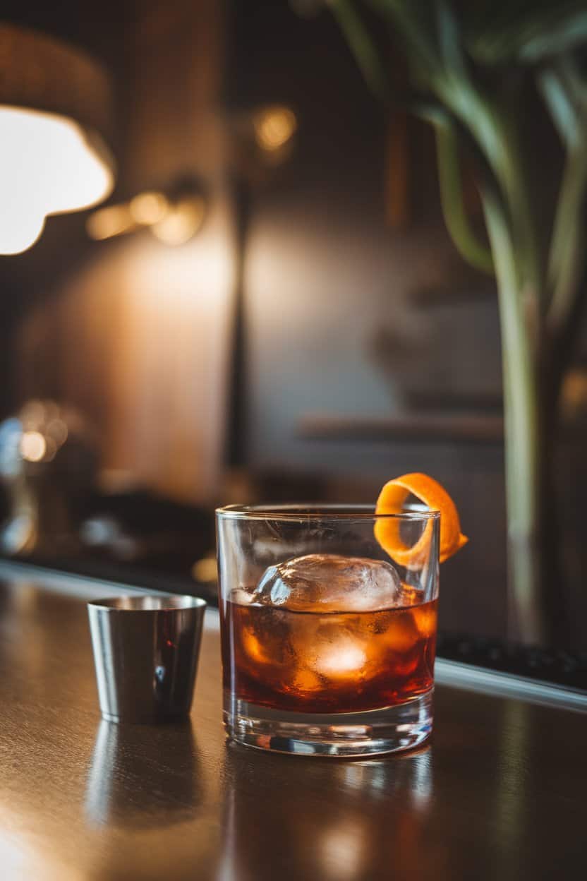 Indoor speakeasy bar with a rocks glass of deep brown Old Fashioned, large ice sphere and orange twist, a small metal espresso cup beside; photo, no text or logos.