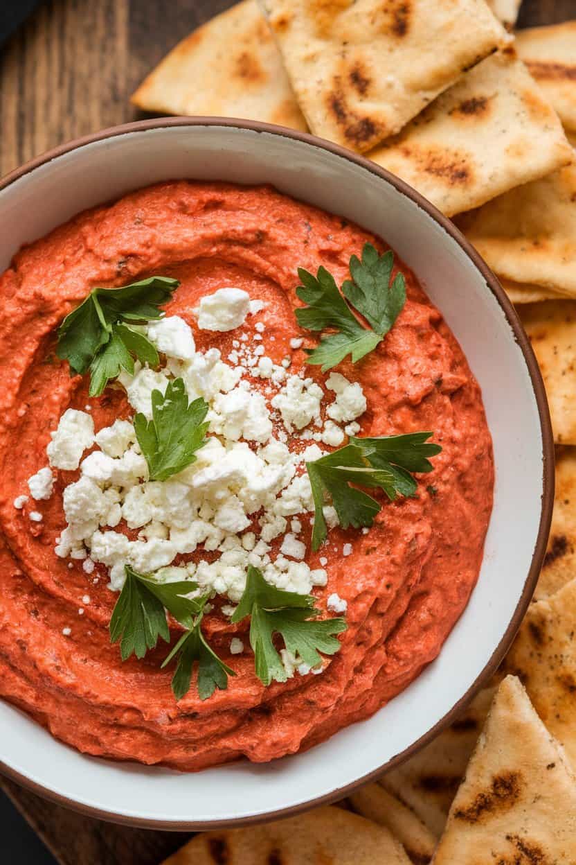An indoor bowl of creamy red dip topped with crumbled feta and parsley, pita chips alongside, no text or logos.