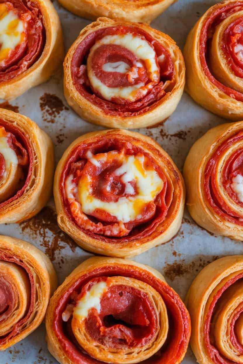 Indoor baking sheet lined with spiraled puff pastry pinwheels oozing pepperoni and cheese; golden brown edges; no text or logos.