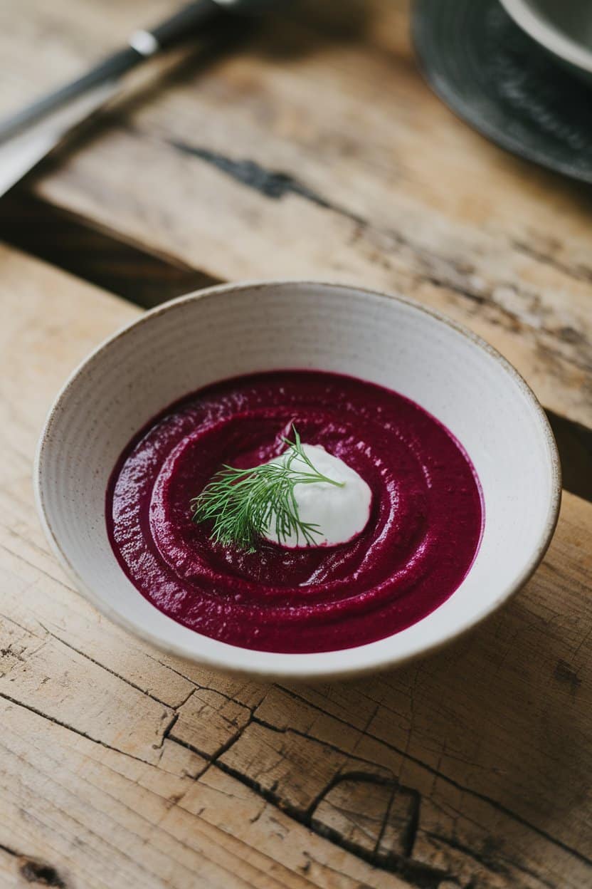 Indoor photo of deep magenta beet soup in a white shallow bowl, topped with a small dollop of Greek yogurt and dill. No text or logos.
