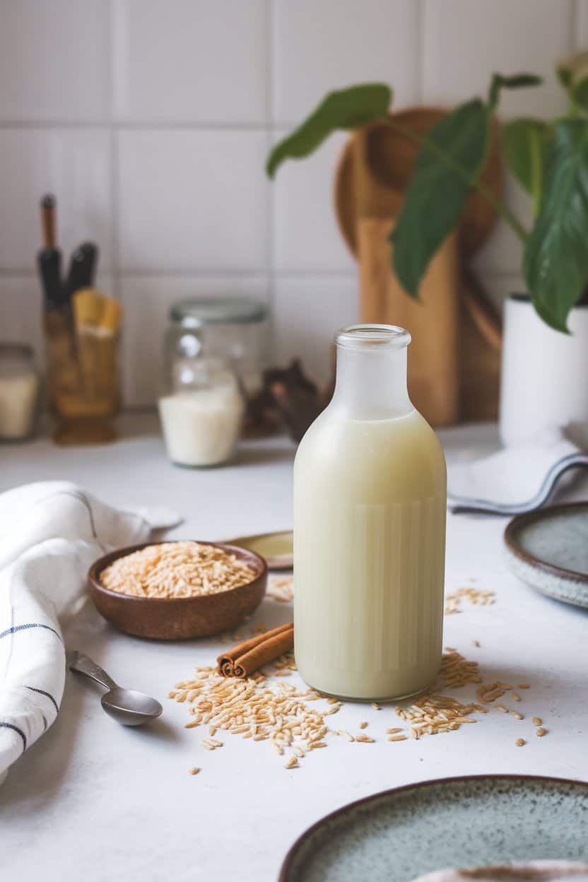 Indoor kitchen table with a frosted glass bottle of pale green horchata, rice grains and cinnamon stick beside, no text or logos. Photo