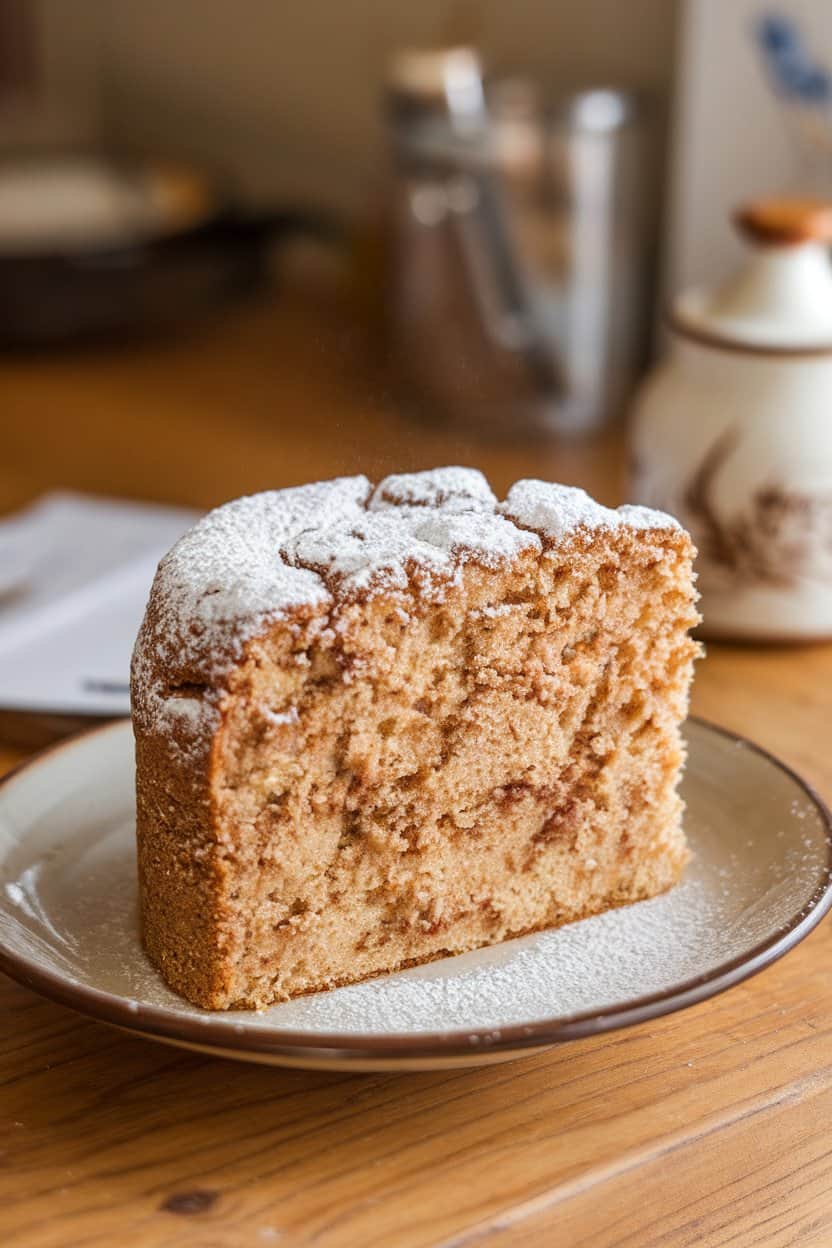 A photo of a tall slice of cinnamon-streusel coffee cake dusted generously with powdered sugar, set on an indoor café-style plate. No text or logos.