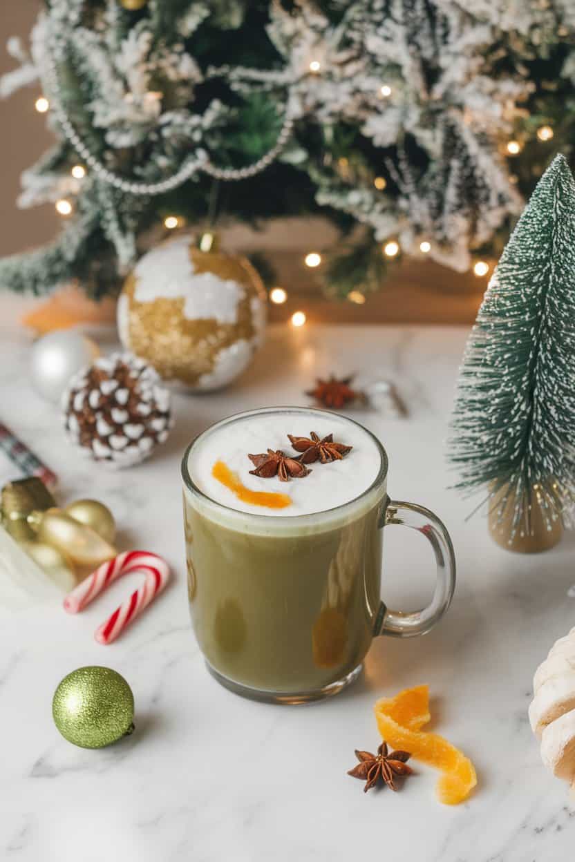 Indoor holiday kitchen counter with a mug of rich green latte, star anise and orange peel garnish, no text or logos. Photo