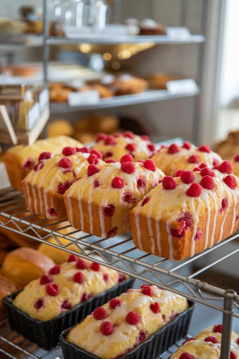 An indoor bakery rack holding small loaf pans of golden lemon bread studded with raspberries, glazed lightly with lemon icing. No text or logos.