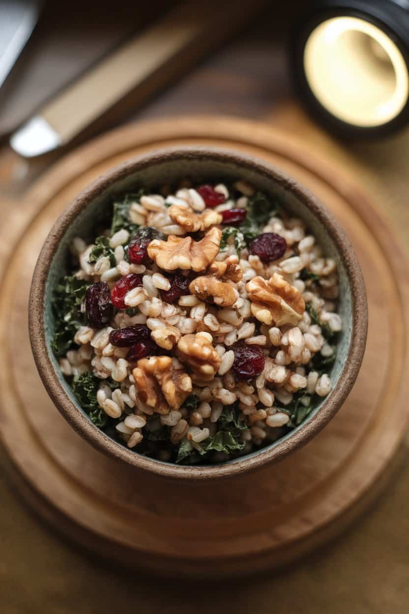An indoor table scene showing a rustic bowl of chewy farro mixed with chopped kale, cranberries, and toasted walnuts. Overhead angle, no text or logos. Photo only.