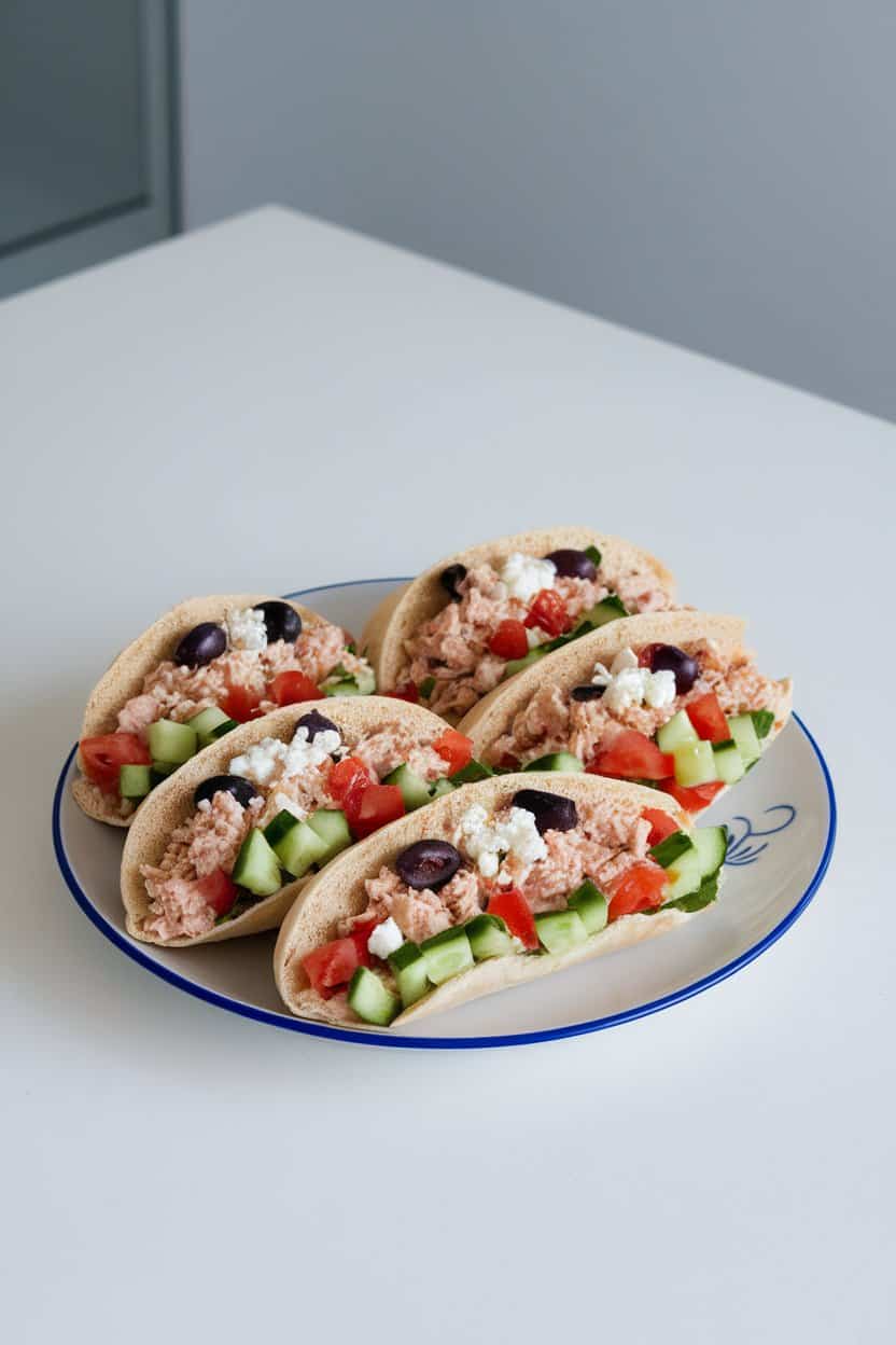 Indoor photo of stuffed pita halves filled with tuna salad, diced cucumbers, tomatoes, olives, and a sprinkle of feta, arranged on a plate. No text or logos.