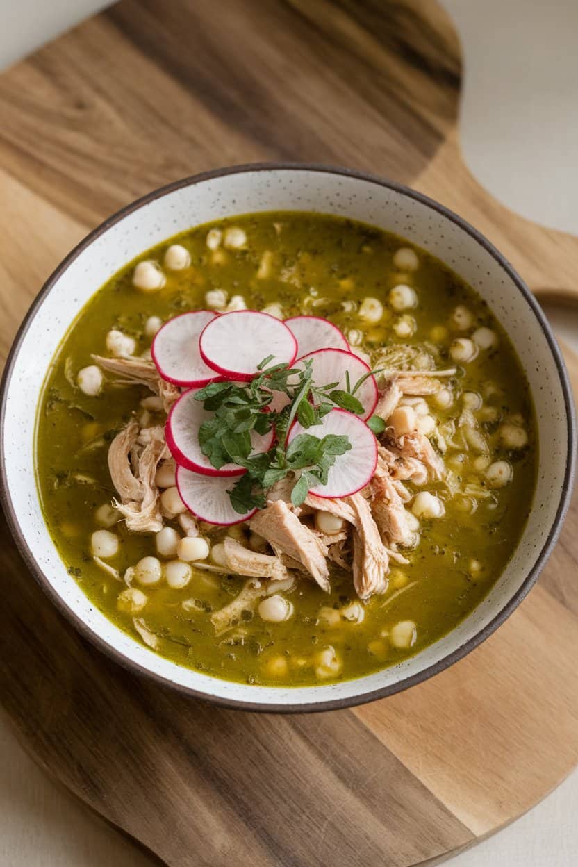 Indoor photo of pozole verde with shredded chicken, hominy, and radish slices in a wide soup bowl. No text or logos.