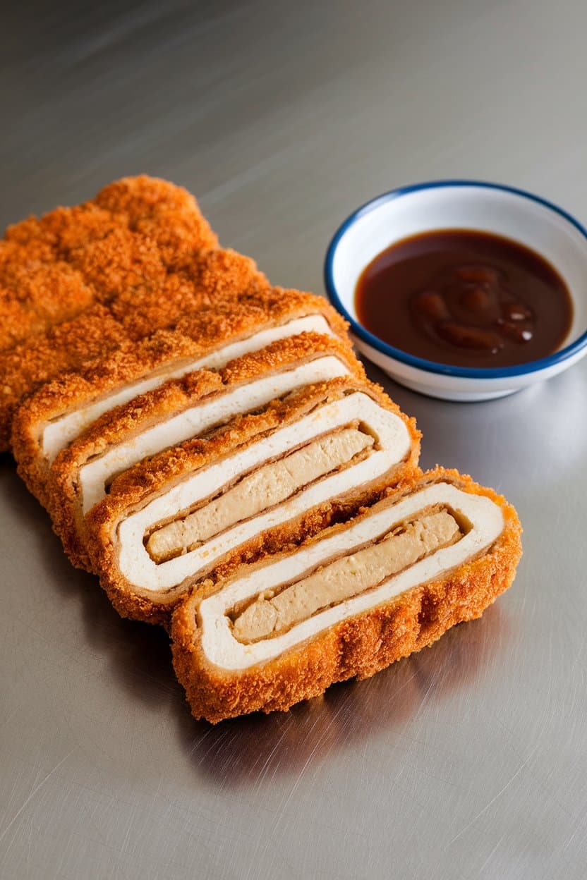 An indoor countertop photo of breaded tofu cutlets sliced to reveal the interior, served beside a small dish of glossy tonkatsu sauce; no text or logos visible.
