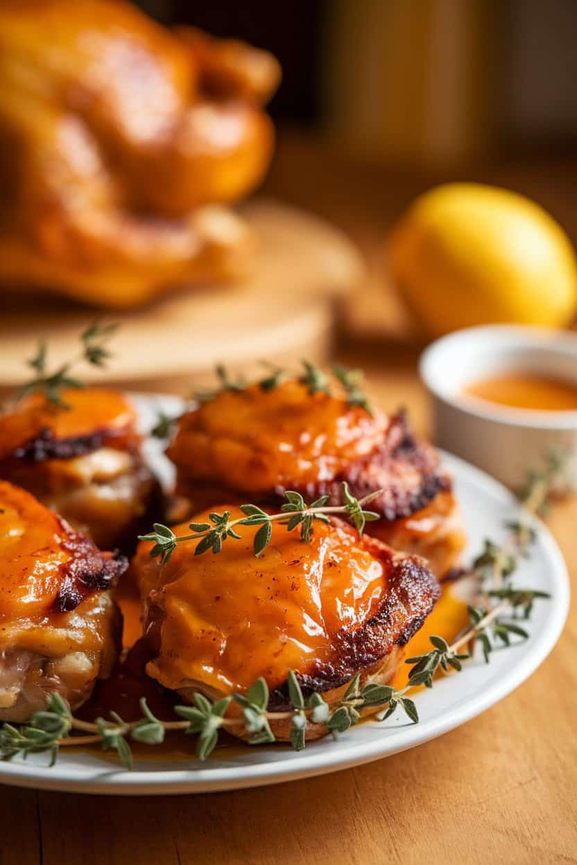 Indoor table with a platter of glossy apricot-glazed chicken thighs, charred edges, thyme sprigs for garnish. Photograph only, no text.