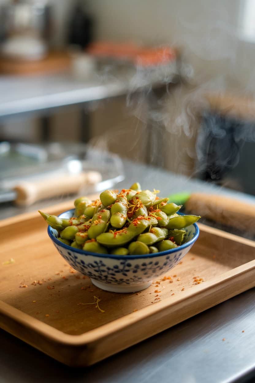 Steam-filled indoor kitchen table showing a bowl of cooked edamame pods dusted with red chili flakes and lime zest. Photo, no text or logos.