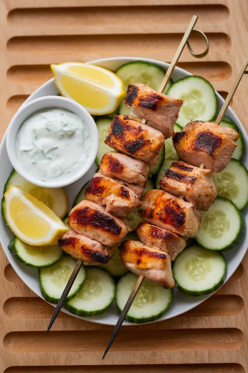 Indoor platter of skewered grilled chicken souvlaki, lemon wedges and tzatziki on the side, no text or logos.