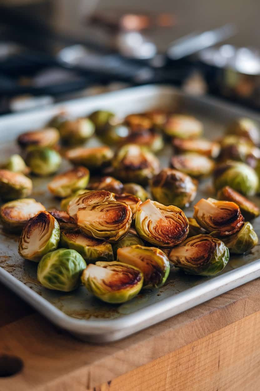 Indoor photo of a baking sheet with roasted Brussels sprouts glazed in maple Dijon sauce, caramelized edges visible; oven light, no text or logos