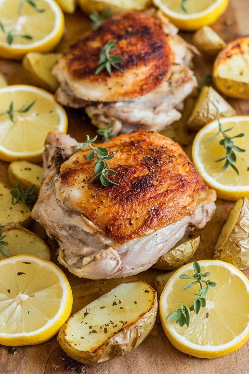 Indoor photo of chicken thighs with lemon wedges and oregano over roasted potatoes—no logos