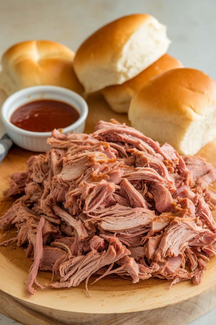 Indoor photo of pulled pork piled on a wooden board with a small bowl of barbecue sauce and soft buns nearby—no text or logos
