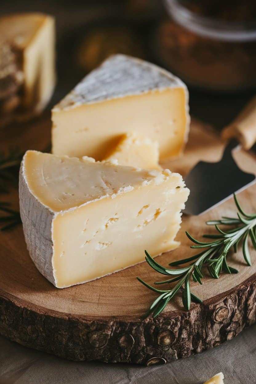 Indoor photo of a rustic wooden board featuring firm wedges of pale vegetarian-rennet sheep cheese with a crumbly edge, a cheese knife resting beside them, and a few rosemary sprigs for color; warm moody lighting, no text or logos.