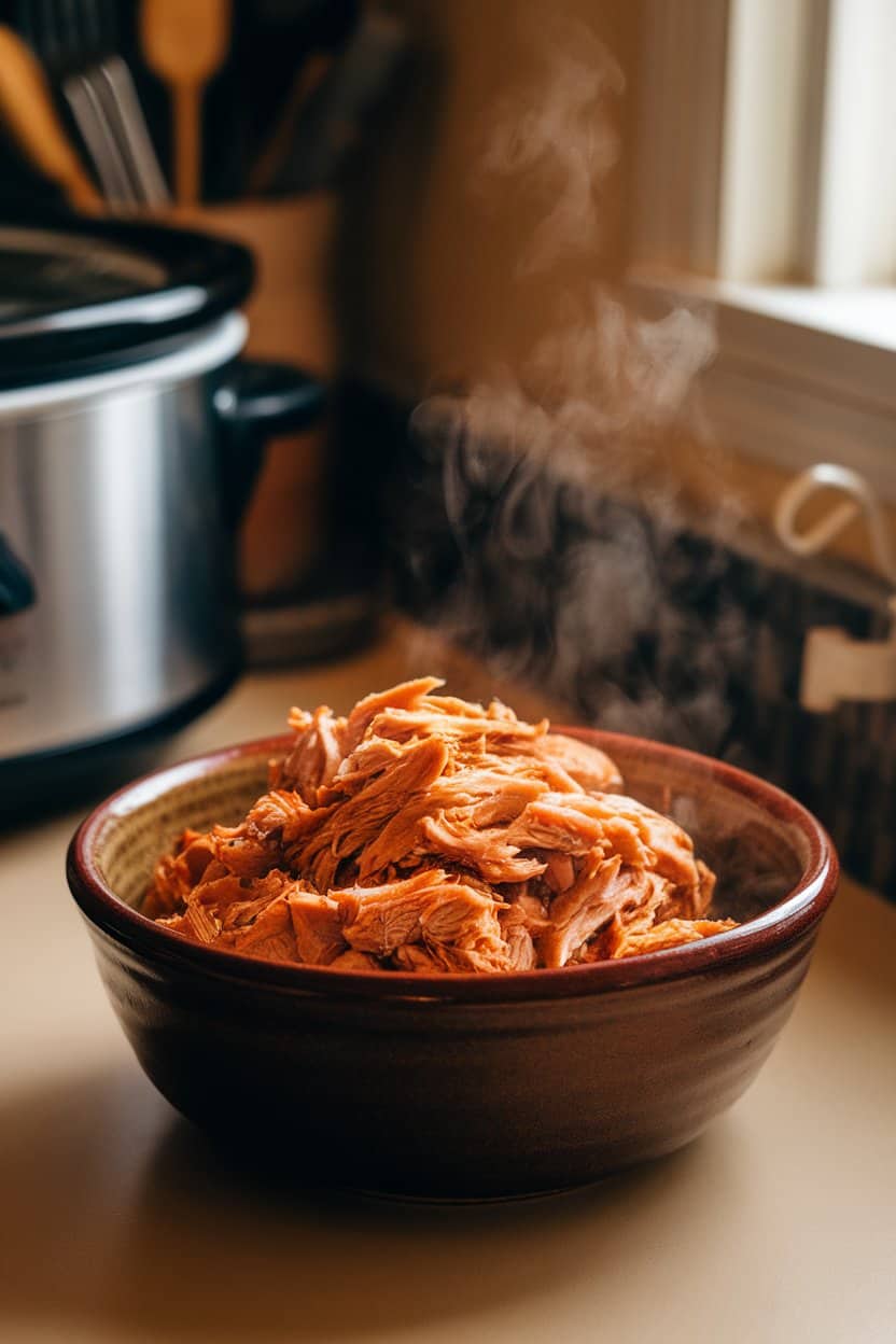 A ceramic bowl of shredded barbecue chicken on an indoor countertop, steam rising, with a slow cooker in the background. No visible brand names or logos; photo, not illustration.