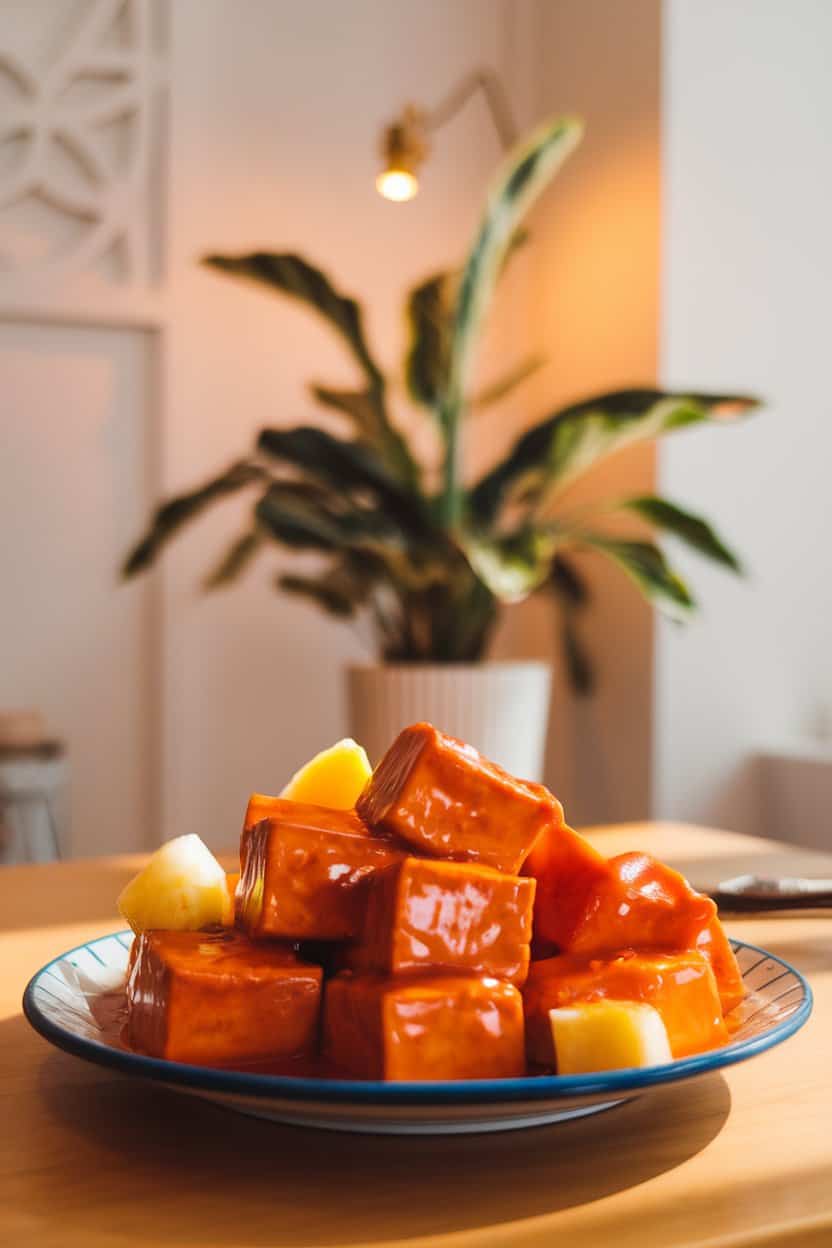 A bright indoor dining scene with a plate of tofu pieces glazed in shiny red-orange sweet and sour sauce, accompanied by pineapple chunks and bell peppers; no logos or text in view.