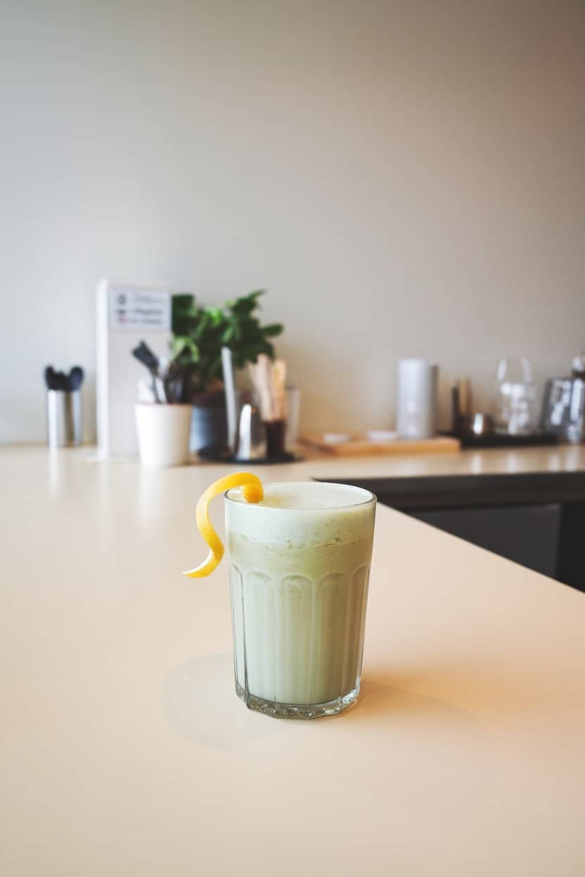 Photo of an indoor minimalist café counter, clear glass of pale green blended drink, frothy top, yuzu peel twist on rim, no text or logos
