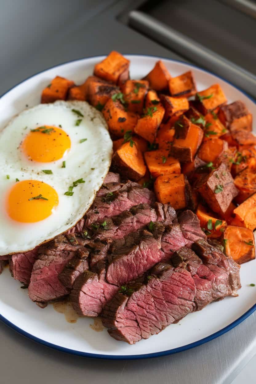 Indoor photo of a plate featuring sliced cooked flank steak, two sunny-side-up eggs, and cubed sweet potato hash; no text or logos