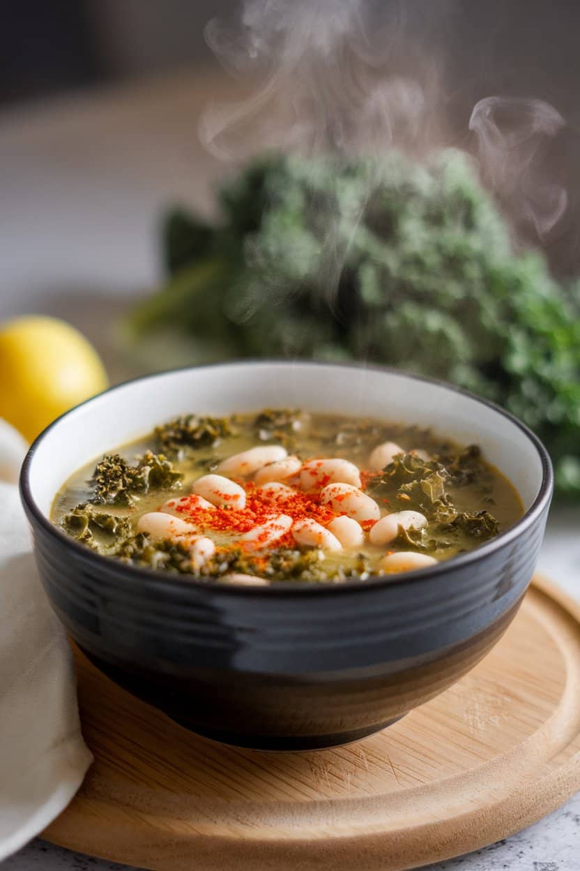 Indoor photo of a comforting bowl of kale and white bean soup, steam visible, sprinkle of red pepper flakes; side angle, no text or logos