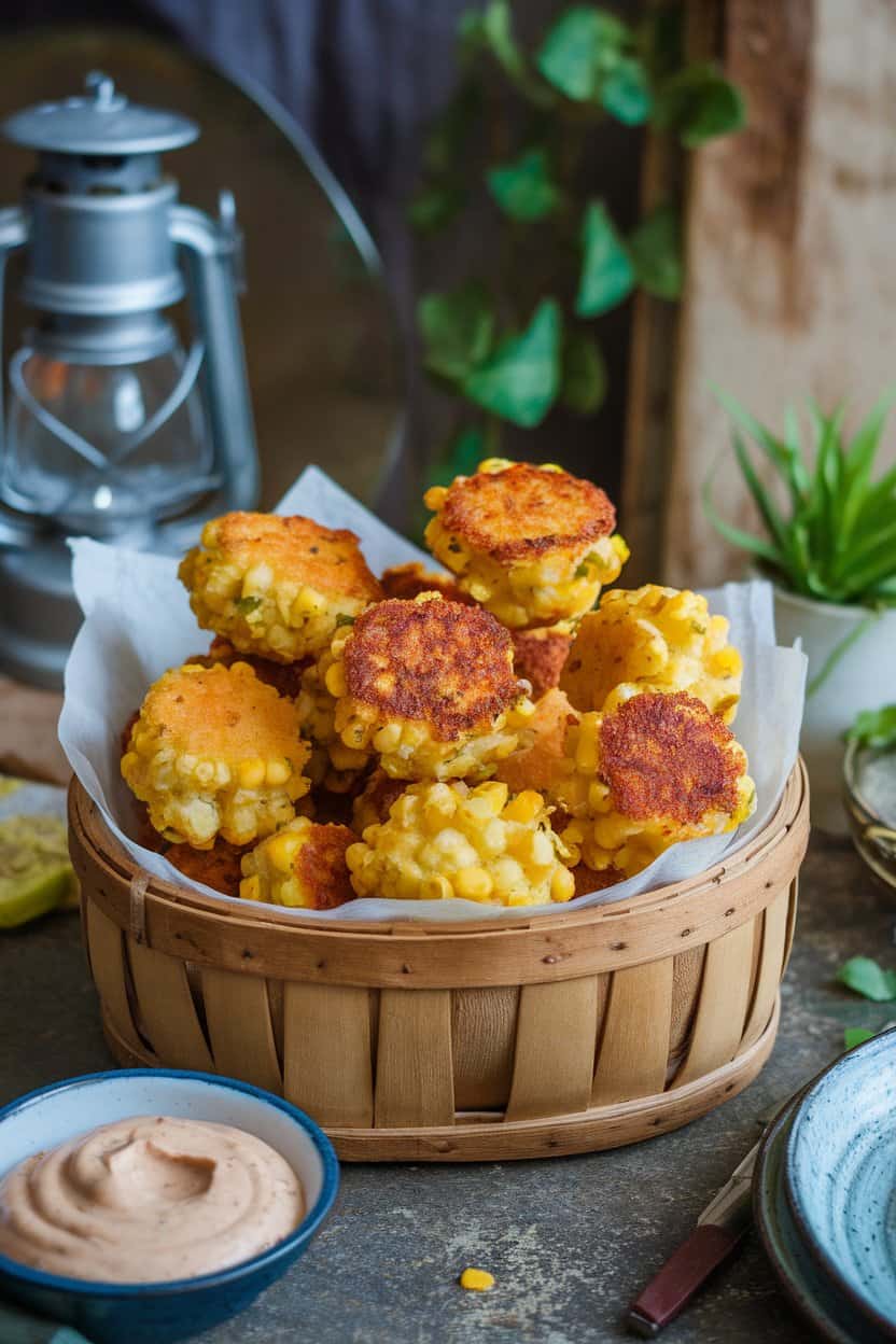 Indoor photo of bite-size corn fritters piled in a basket with a small bowl of vegan chili mayo. No text or logos.