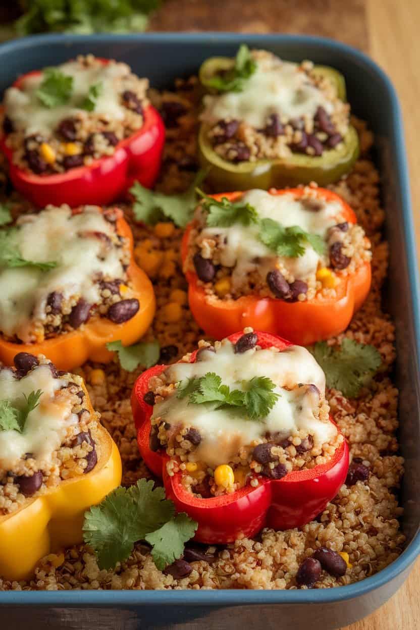 Indoor photo of colorful baked bell peppers filled with quinoa, black beans, corn, and melted cheese on top, resting in a casserole dish. No text or logos visible.