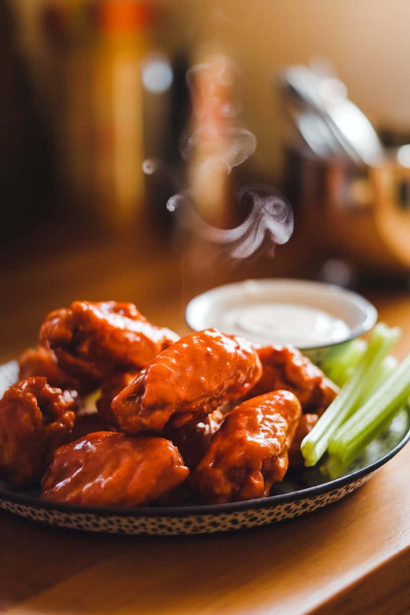 A warmly lit indoor countertop showing a platter of glazed buffalo chicken wings glistening with sauce, a small bowl of ranch dressing, and celery sticks for color. Steam rises gently from the wings. No text or logos anywhere. Photo, not illustration.