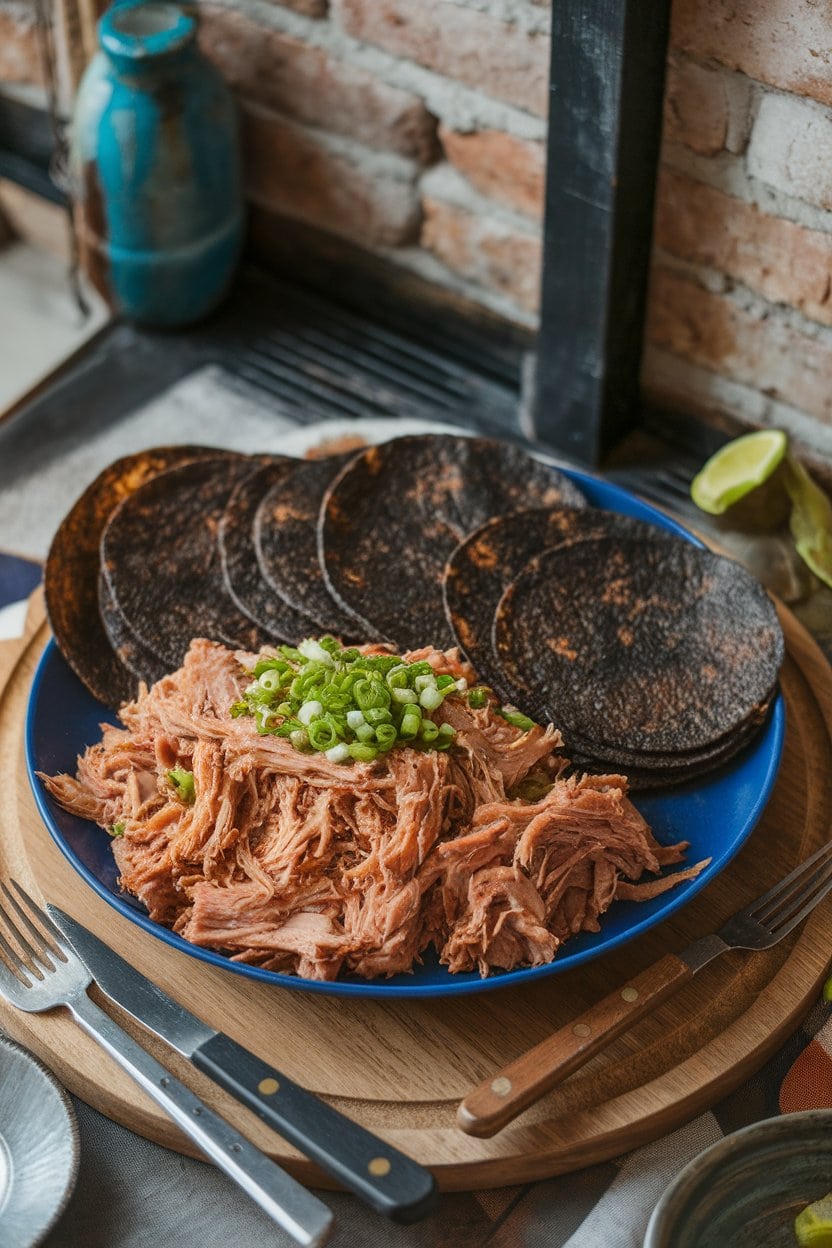 Indoor photo of shredded pork carnitas on a platter with charred tortillas alongside—no branding