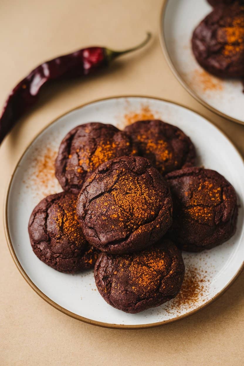 Indoor photo of dark vegan chocolate cookies with a light dusting of chili powder on top, small dried chili beside plate, no text or logos