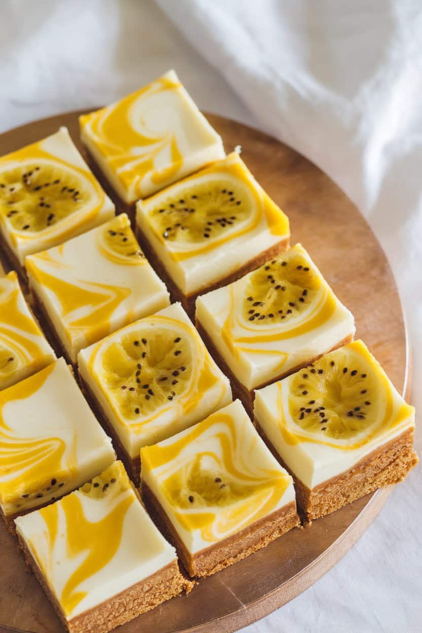 An indoor pastry board with neat squares of passionfruit-swirled cheesecake bars, seeds visible in the topping. No logos present.