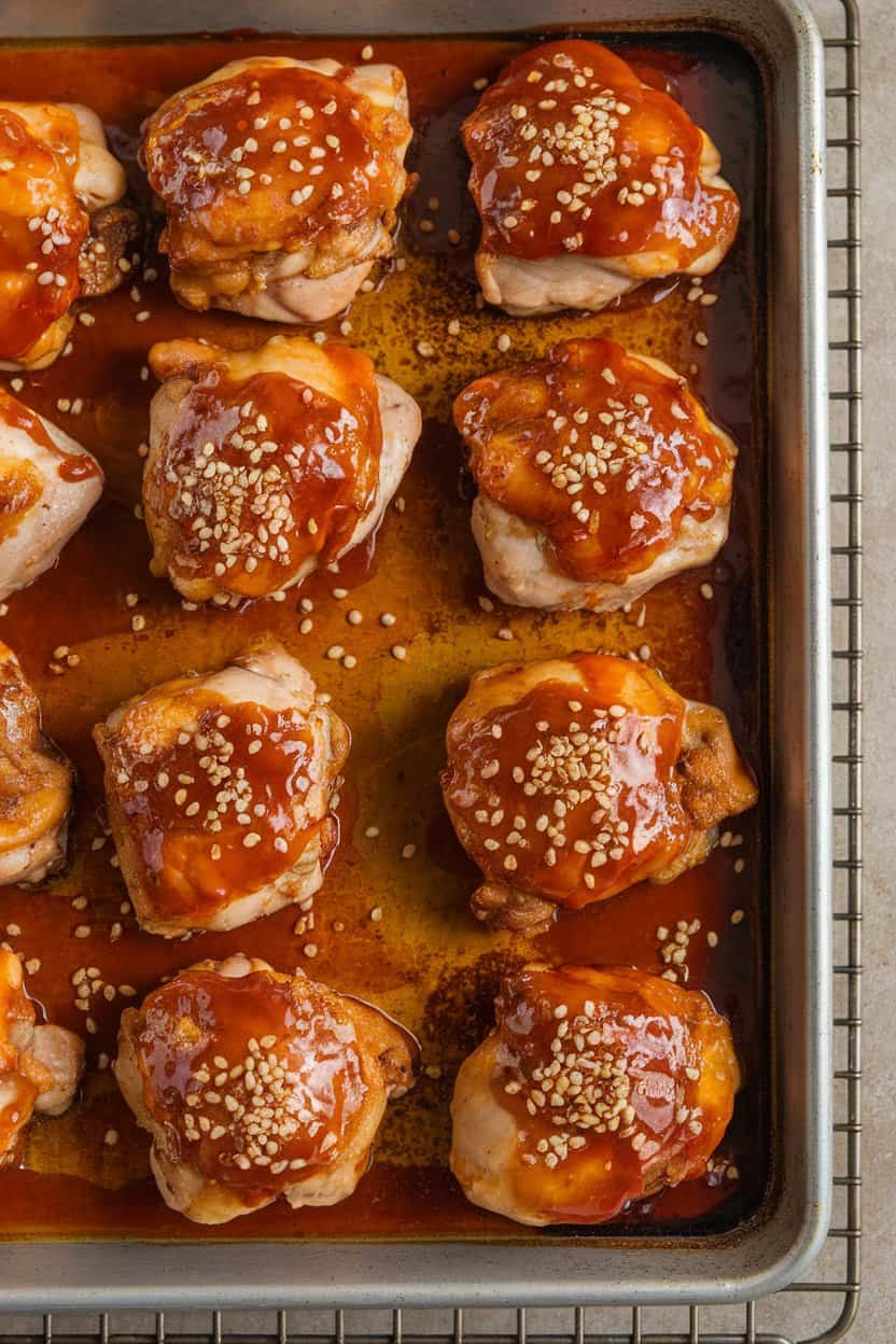 Indoor setting showing a baking sheet of chicken thighs glazed with shiny sweet chili sauce, sesame seeds sprinkled over. Real photograph, no branding.