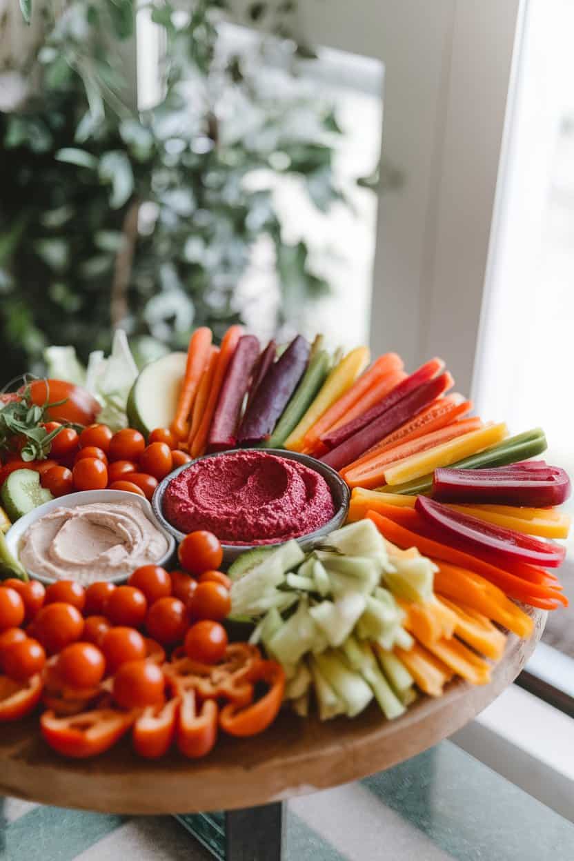 Indoor photo of a large platter displaying rainbow carrot sticks, cherry tomatoes, bell pepper strips, beet hummus, and ranch dip; bright natural lighting, no text or logos