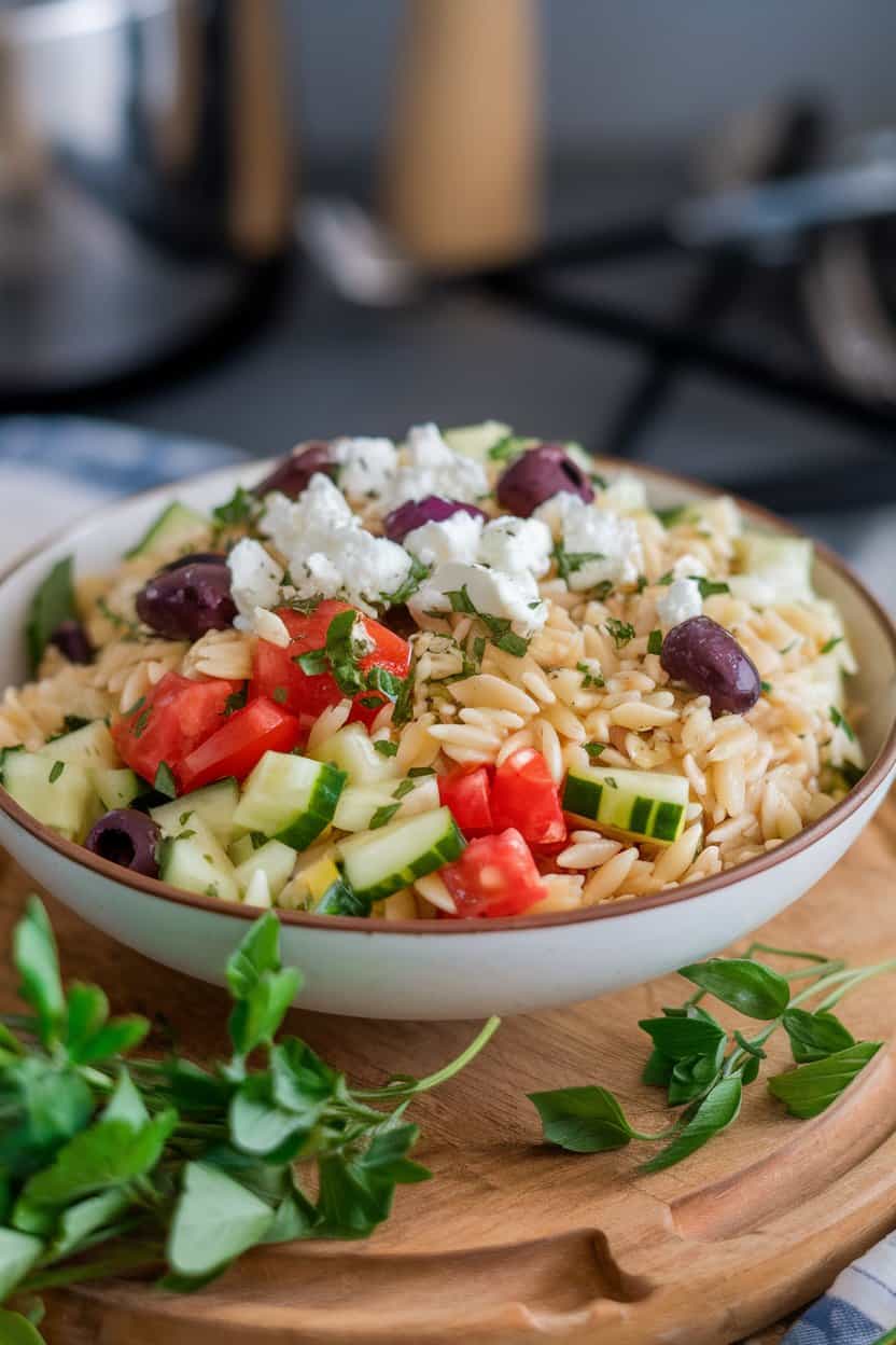 Indoor photo of a serving bowl filled with orzo pasta, diced cucumbers, tomatoes, olives, and crumbled feta, all lightly dressed. No text or logos in scene.