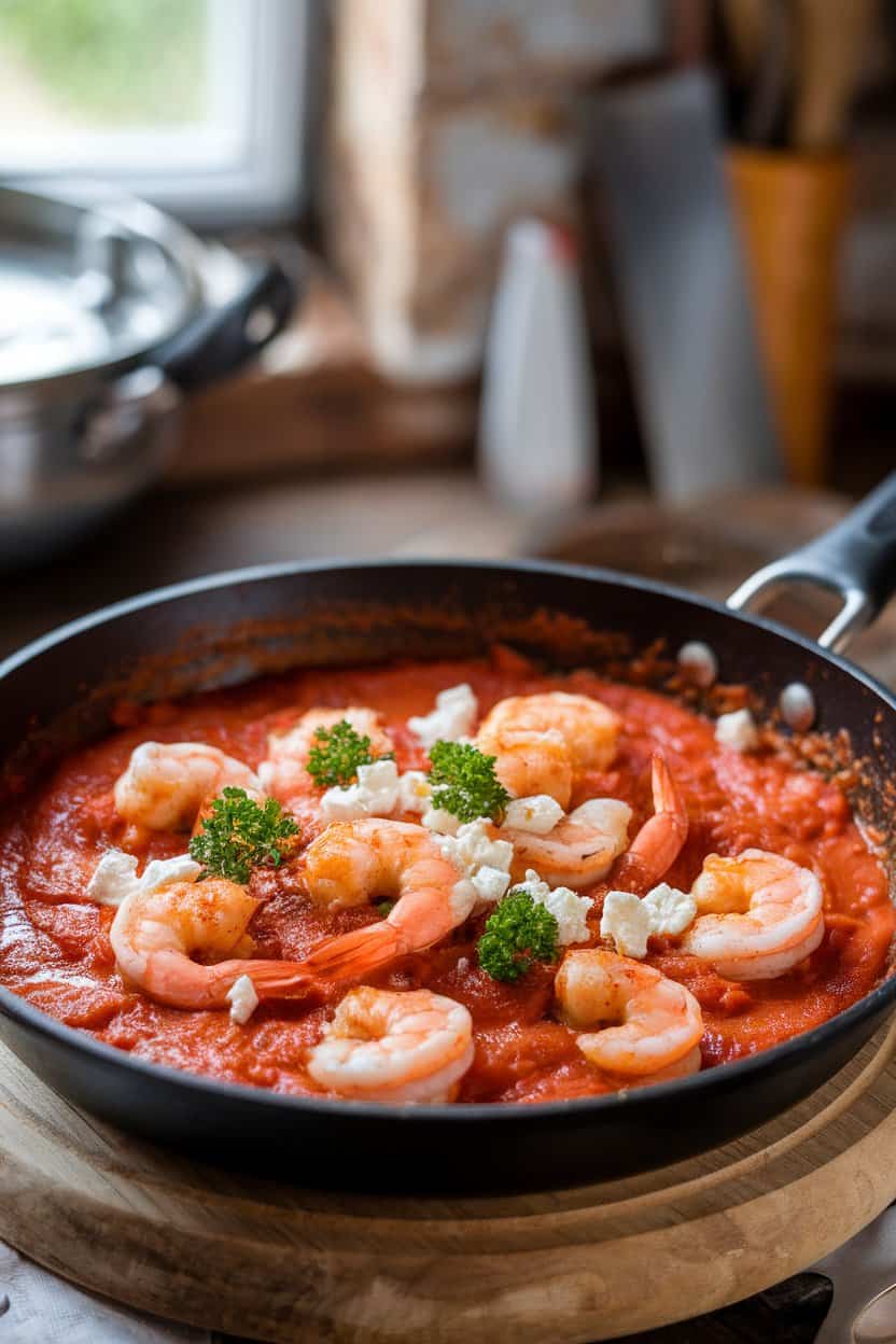 Indoor skillet of cooked shrimp nestled in tomato sauce topped with crumbled feta and parsley, no text or logos.