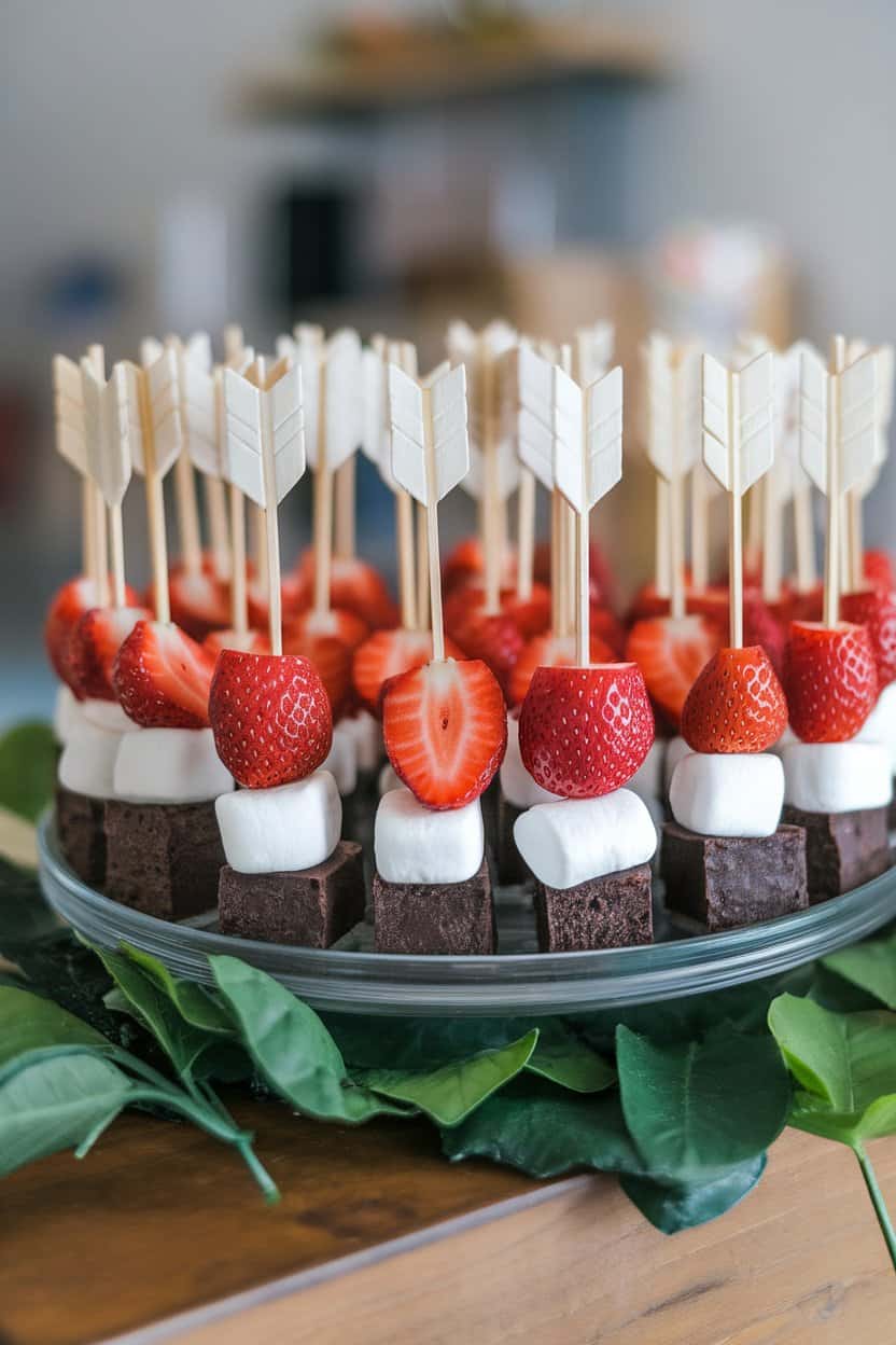 An indoor platter of short wooden skewers threaded with strawberry halves, marshmallows, and brownie cubes, arranged like little arrows, no logos or text.