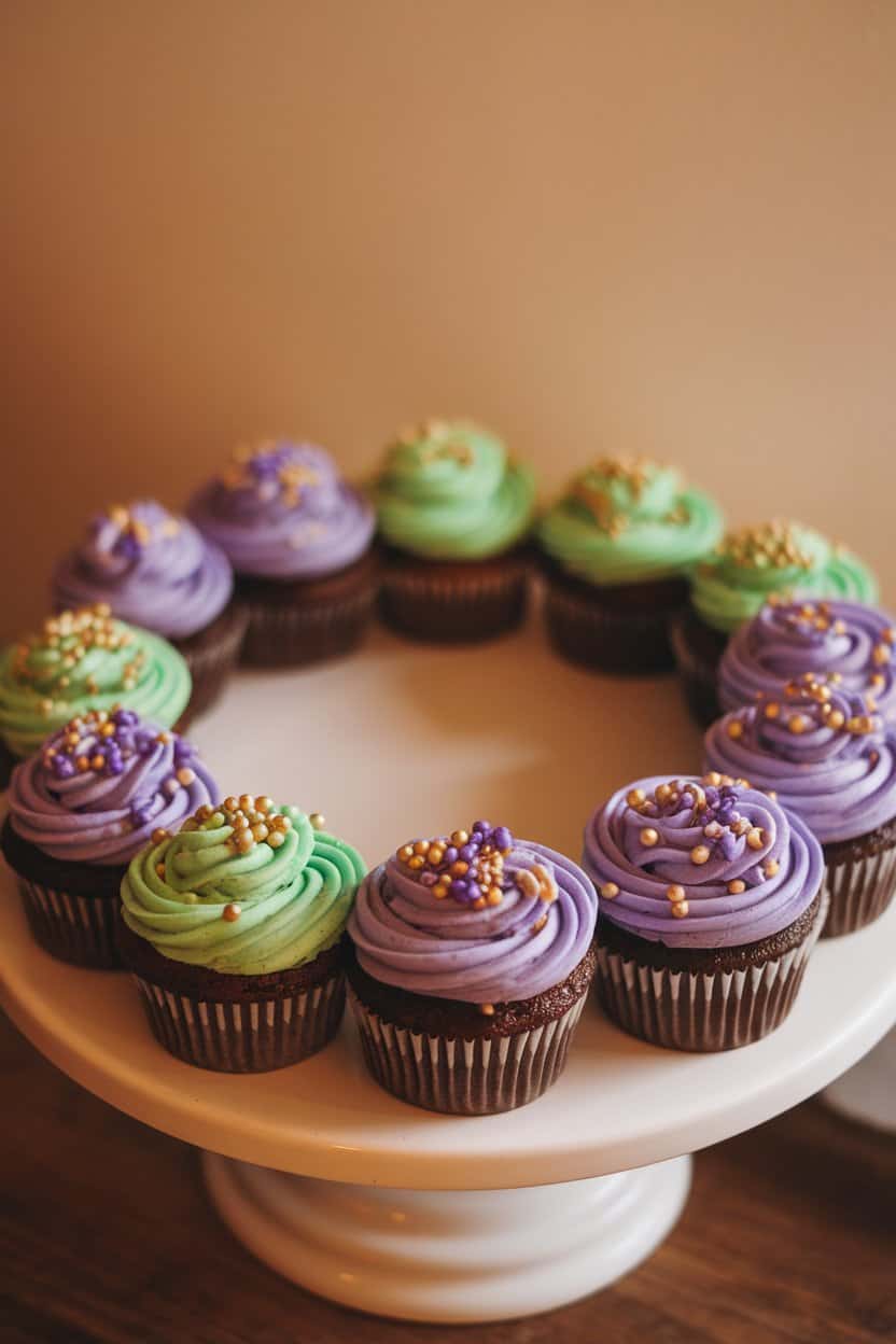 A cluster of iced cupcakes arranged in a ring, topped with purple, green, and gold sprinkles, photographed indoors. No text or logos.