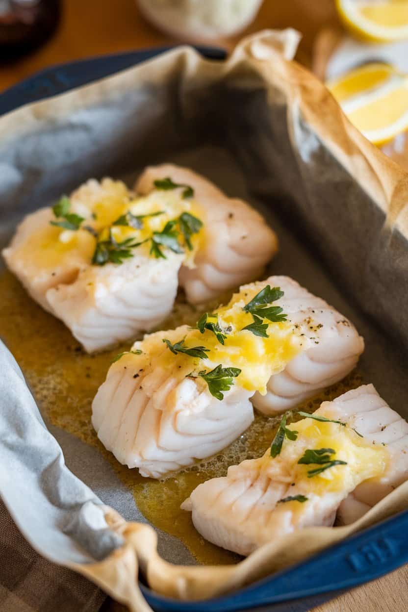 Indoor photo of a parchment-lined baking dish holding flaky, cooked cod fillets topped with melting lemon-garlic butter and parsley, shot from a slight overhead angle. Warm lighting, no text or logos anywhere in the scene.