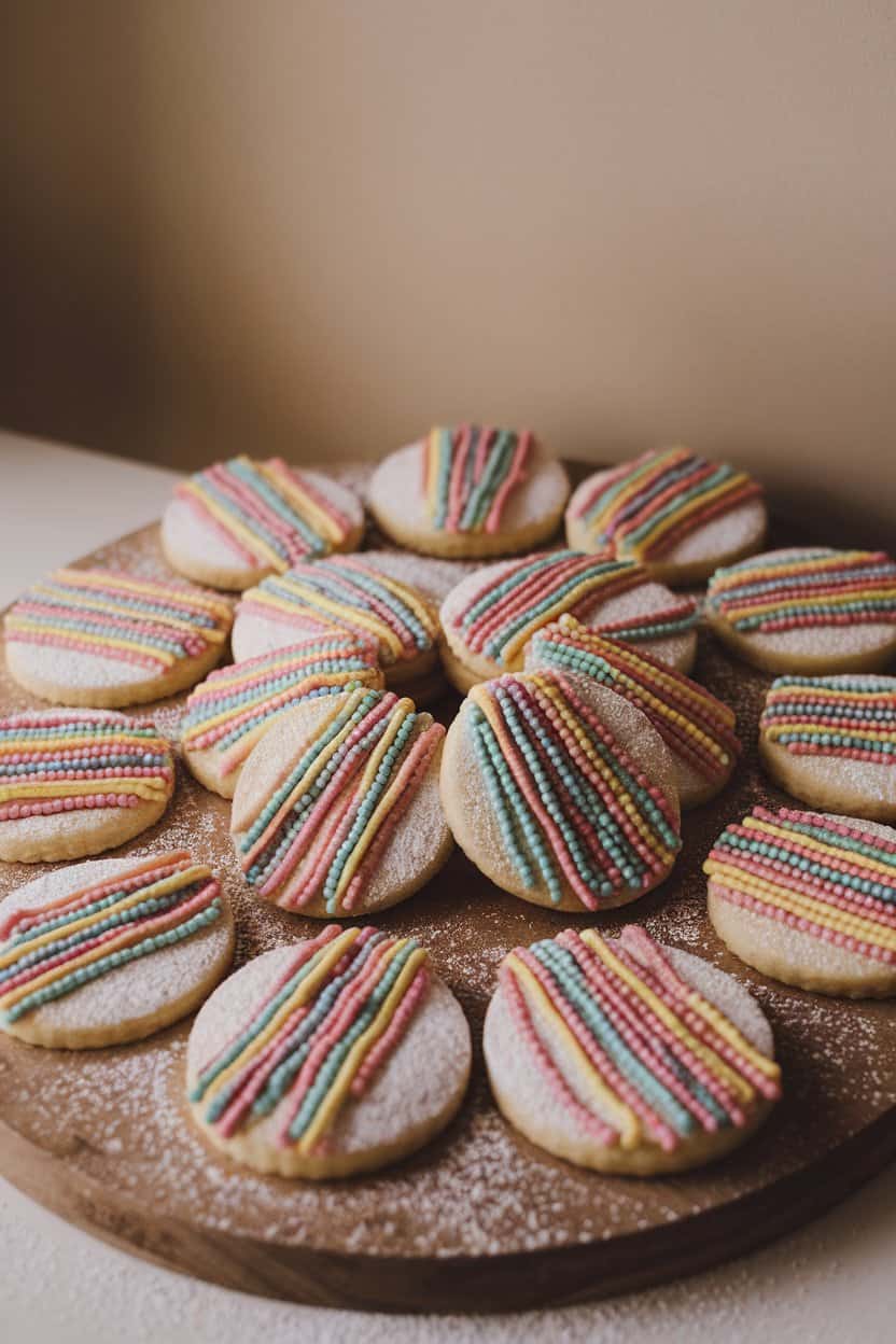 Photo of sugar cookies topped with exploding lines of colored jimmies radiating from a center point, shot indoors under soft light. No text or logos included.