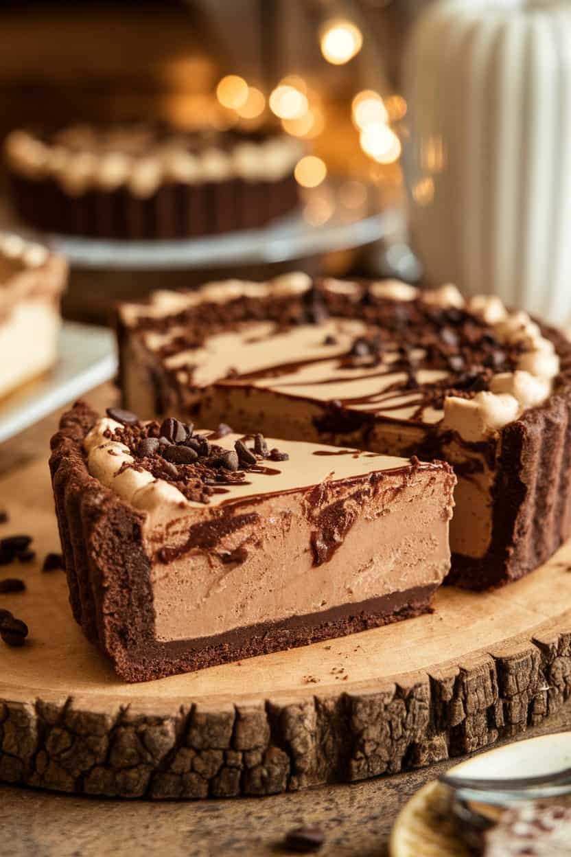 A sliced mud pie on an indoor dessert board, showing chocolate cookie crust, coffee ice cream layer, and fudge topping, lightly sprinkled with crushed espresso beans. No text or logos, photo.