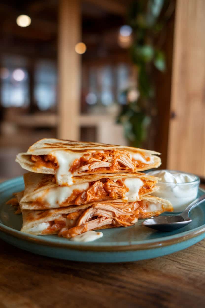 Photo of a sliced quesadilla on an indoor plate showing melty cheese, shredded barbecue chicken, and a side of sour cream. Warm indoor lighting, no text or logos.