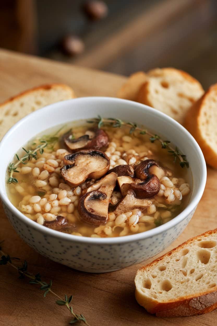 An indoor soup bowl filled with hearty barley, sliced roasted mushrooms, and thyme sprigs in a clear broth. Soft side lighting, no text or logos. Photo only.