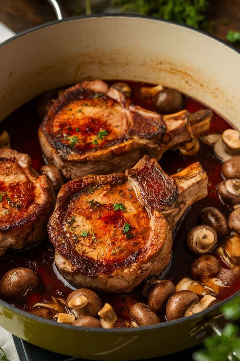 An indoor Dutch oven filled with pork chops nestled in deep red wine sauce studded with mushrooms, no text or logos. Photo, not illustration.
